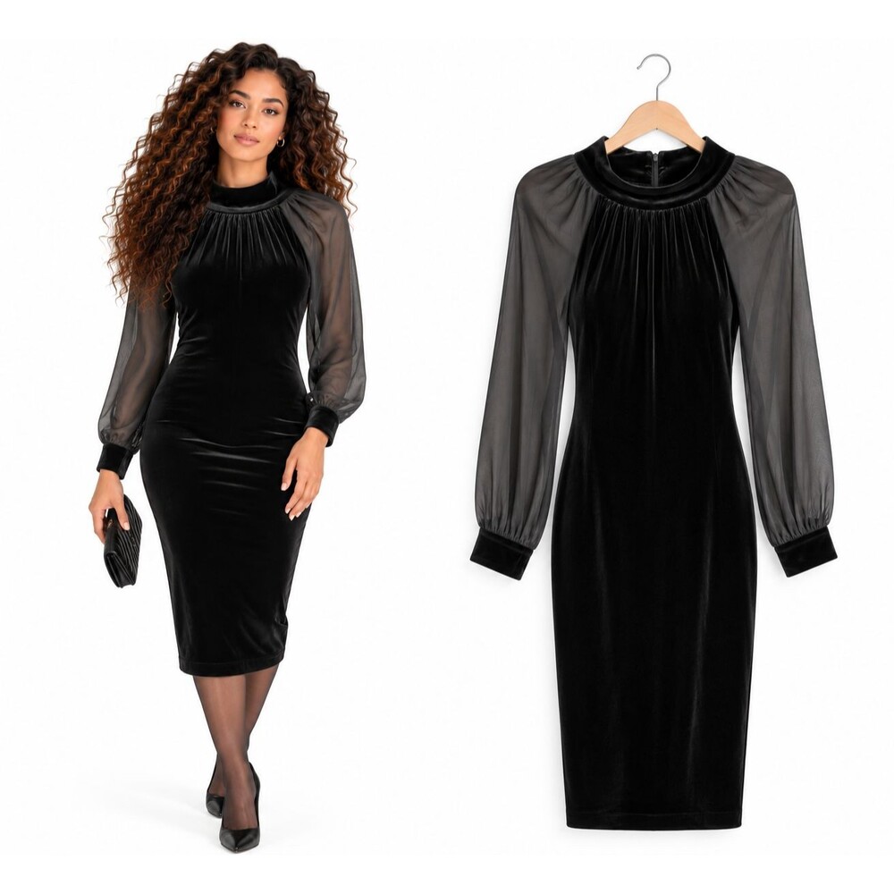 Calvin Klein Black Velvet Sheath Dress Size 14 Sheer Balloon Sleeve Cocktail